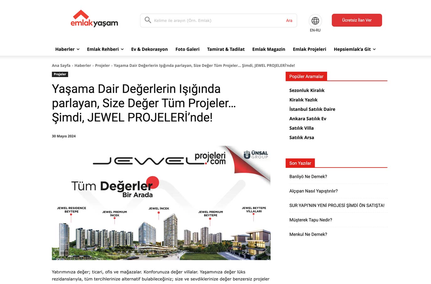 JEWEL PROJELERİ HABERLER