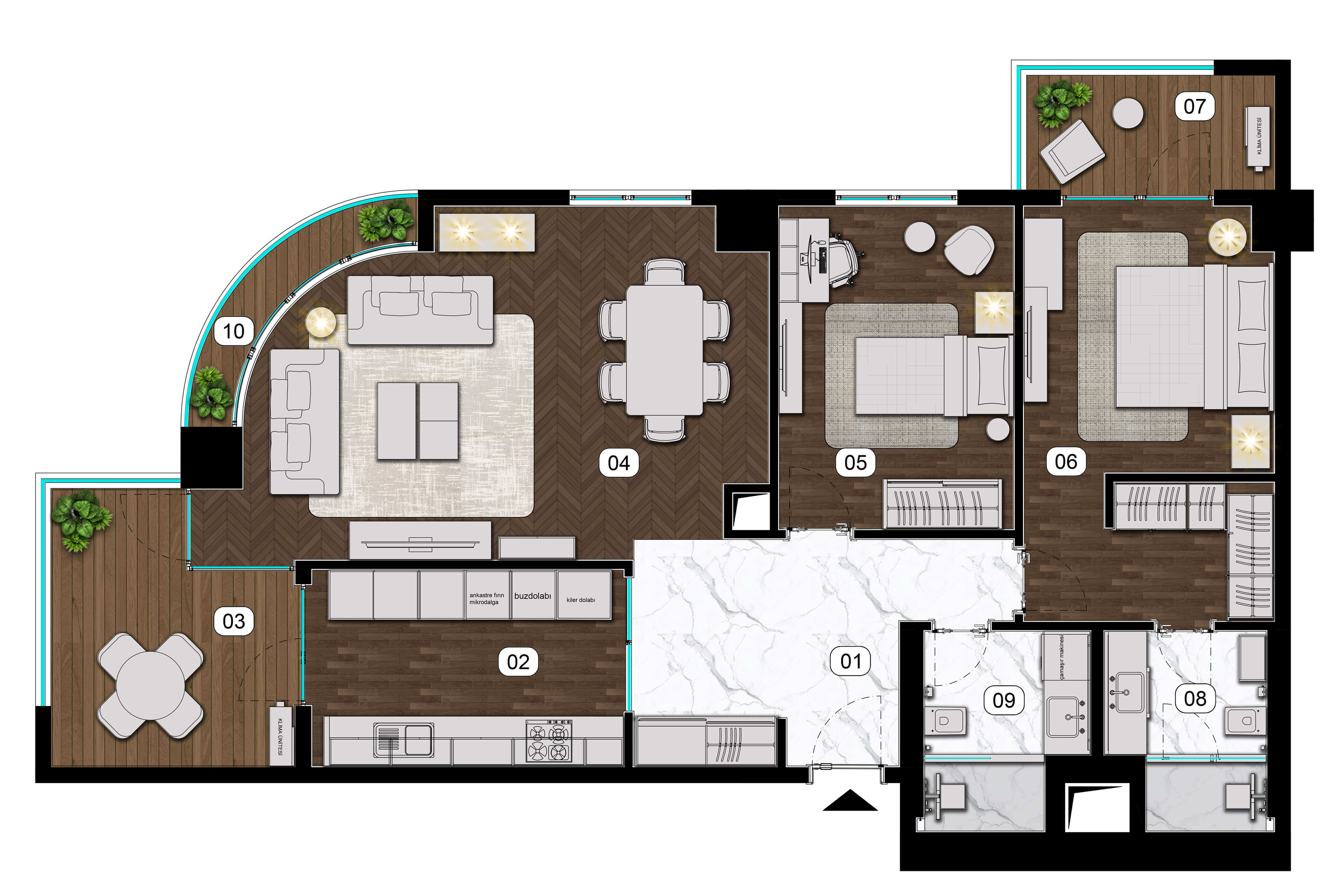 Jewel İncek 2+1 · 2+1 A tipi rezidans · 113,05 m² net / 123,30 m² daire brüt