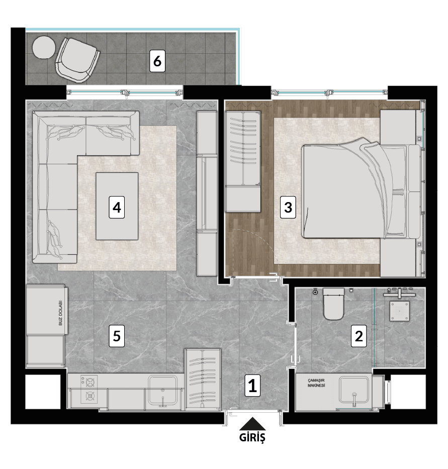 Jewel Port Tek yatak odalı daire · 38,90 m² net / 44,10 m² brüt · Bir yatak odalı daire · 38,90 m² net / 44,10 m² brüt